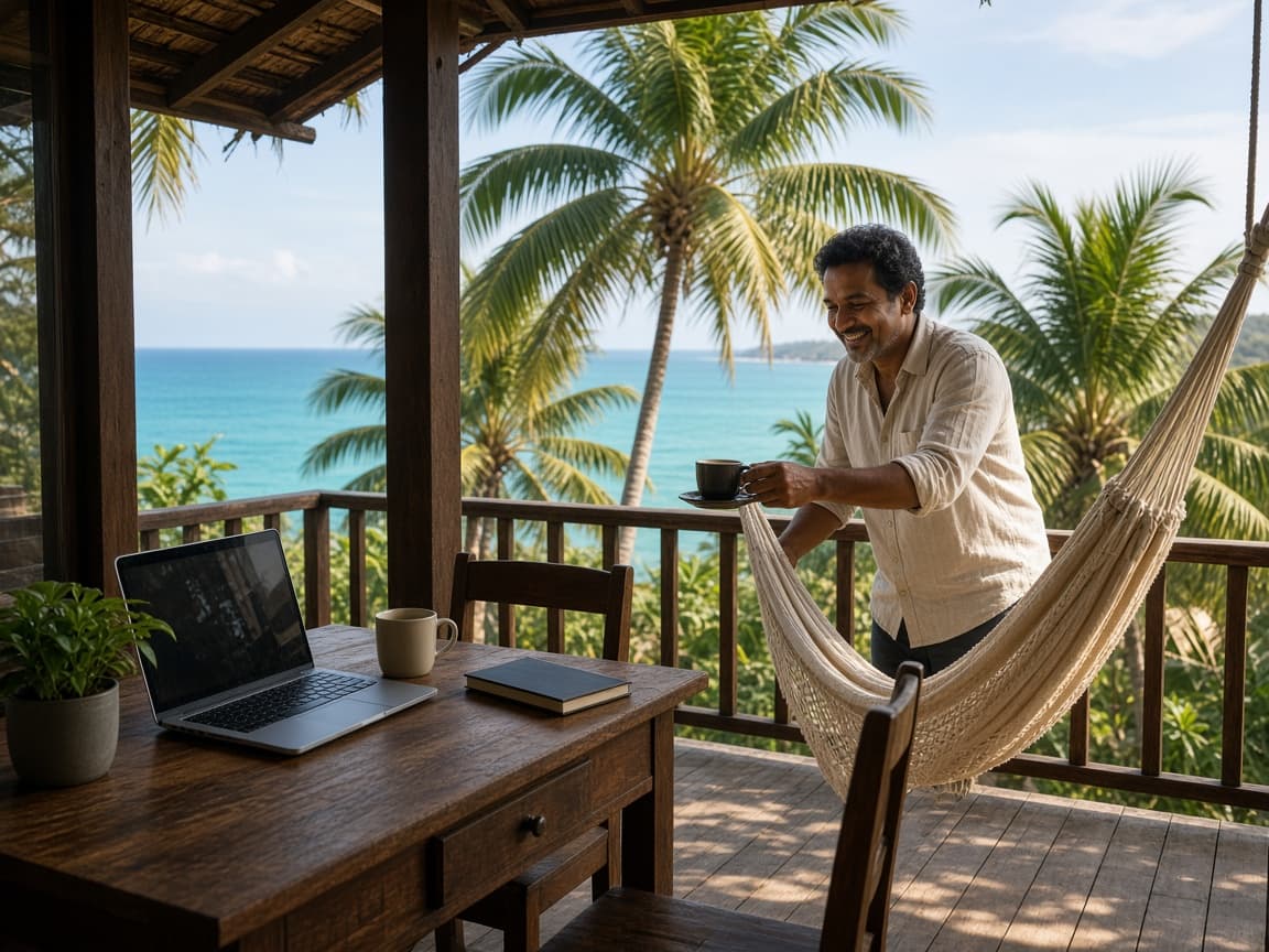 A host relaxing near a hammock on a palm-lined veranda with a work desk and laptop