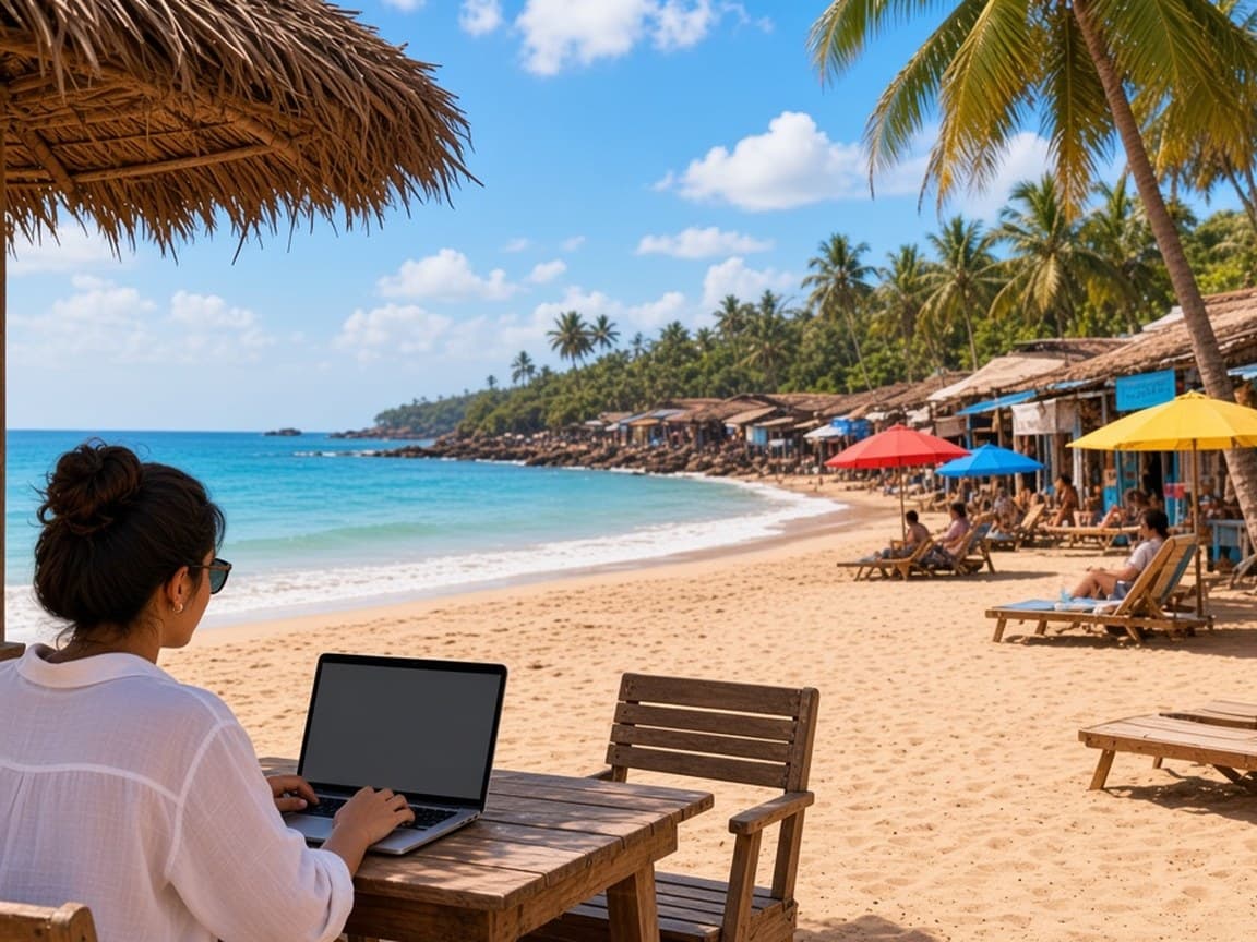 A freelancer working at a beachside café table on the sand in Goa as the sun sets