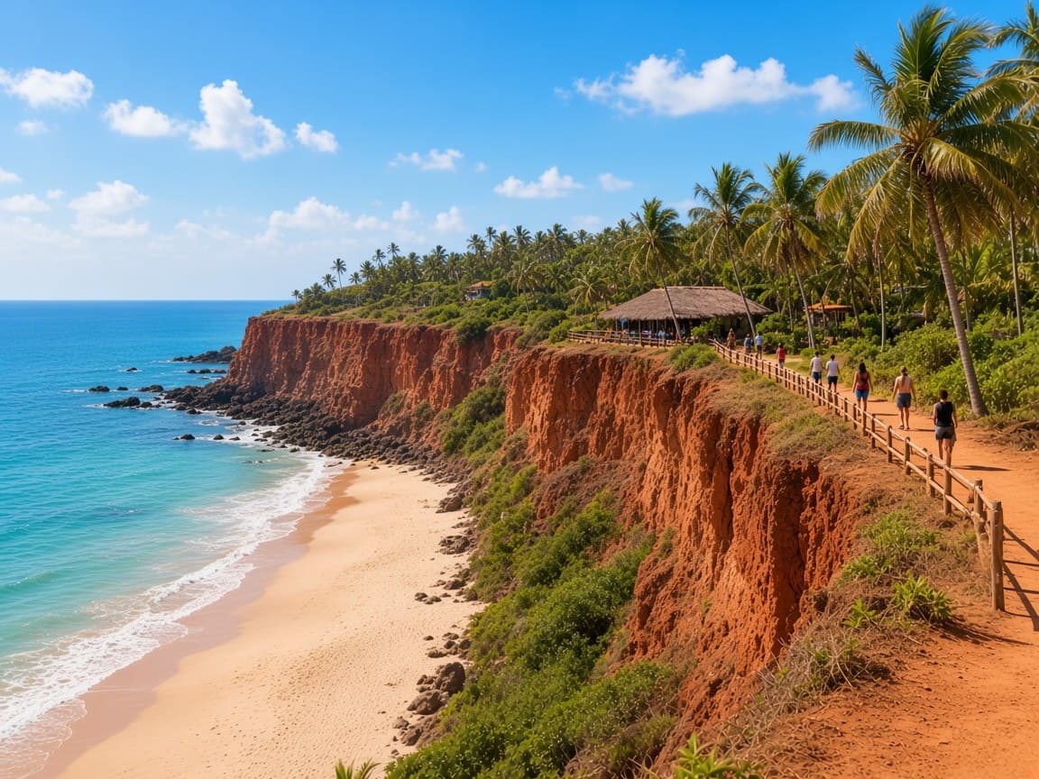 Red cliffs, palm trees and a walking path above the turquoise sea at Varkala