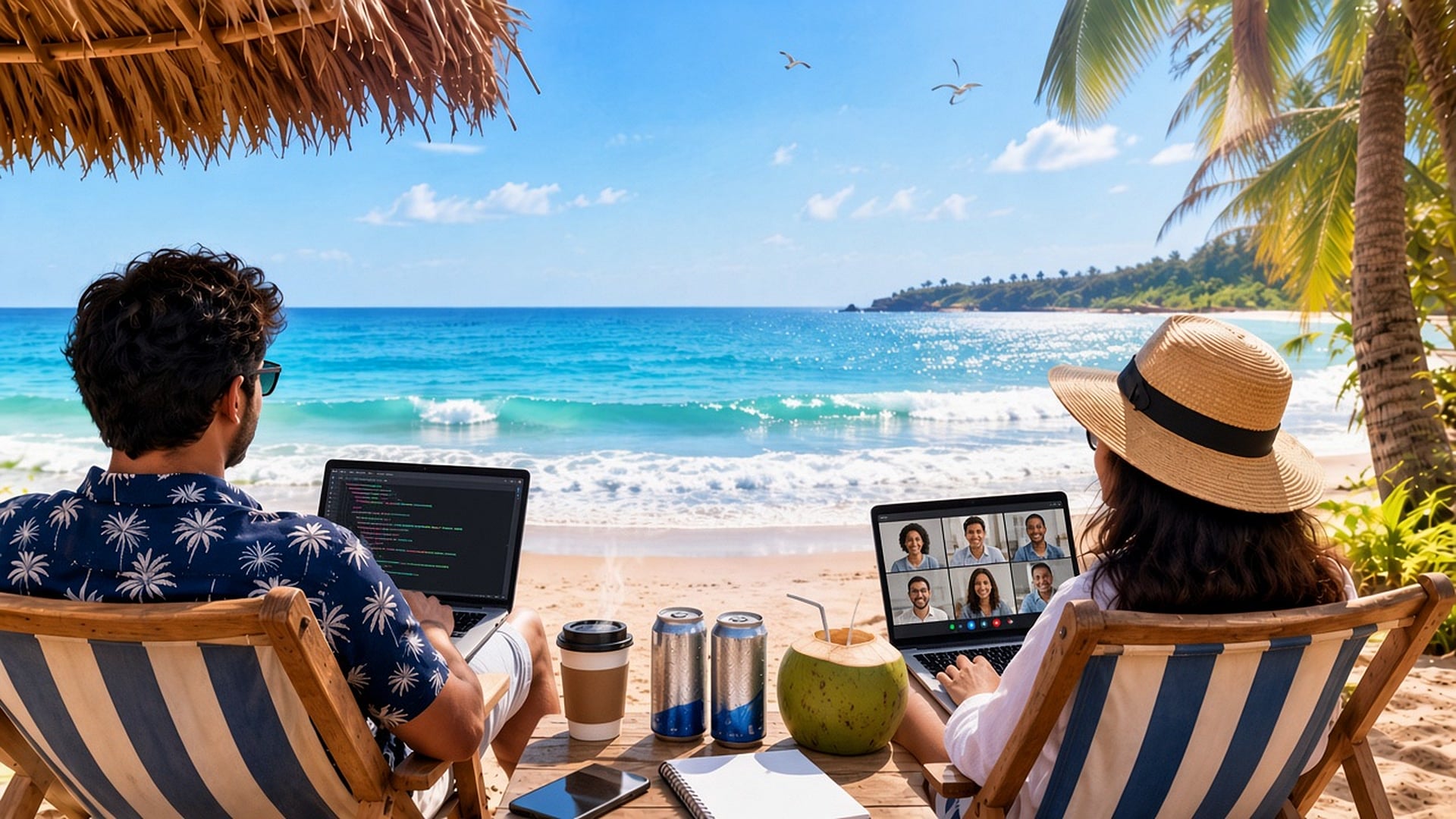 A man in a navy palm-print shirt and a woman in a straw hat work on laptops from striped beach chairs, facing a bright turquoise sea under a blue sky, with a coconut palm, a coffee, two cans, a coconut and a notebook on the table between them