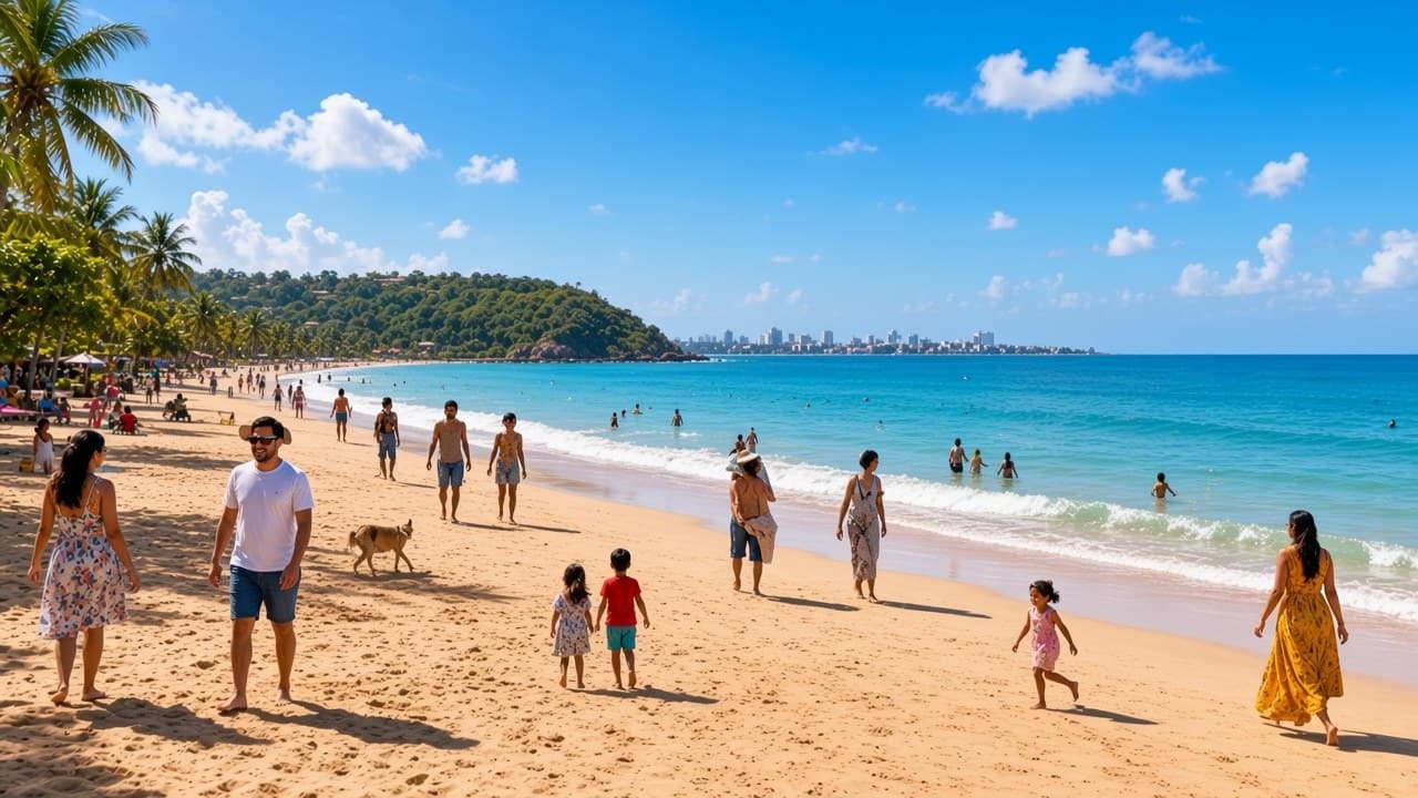 Families and walkers on the wide sandy RK Beach in Visakhapatnam, with green hills and the city skyline beyond
