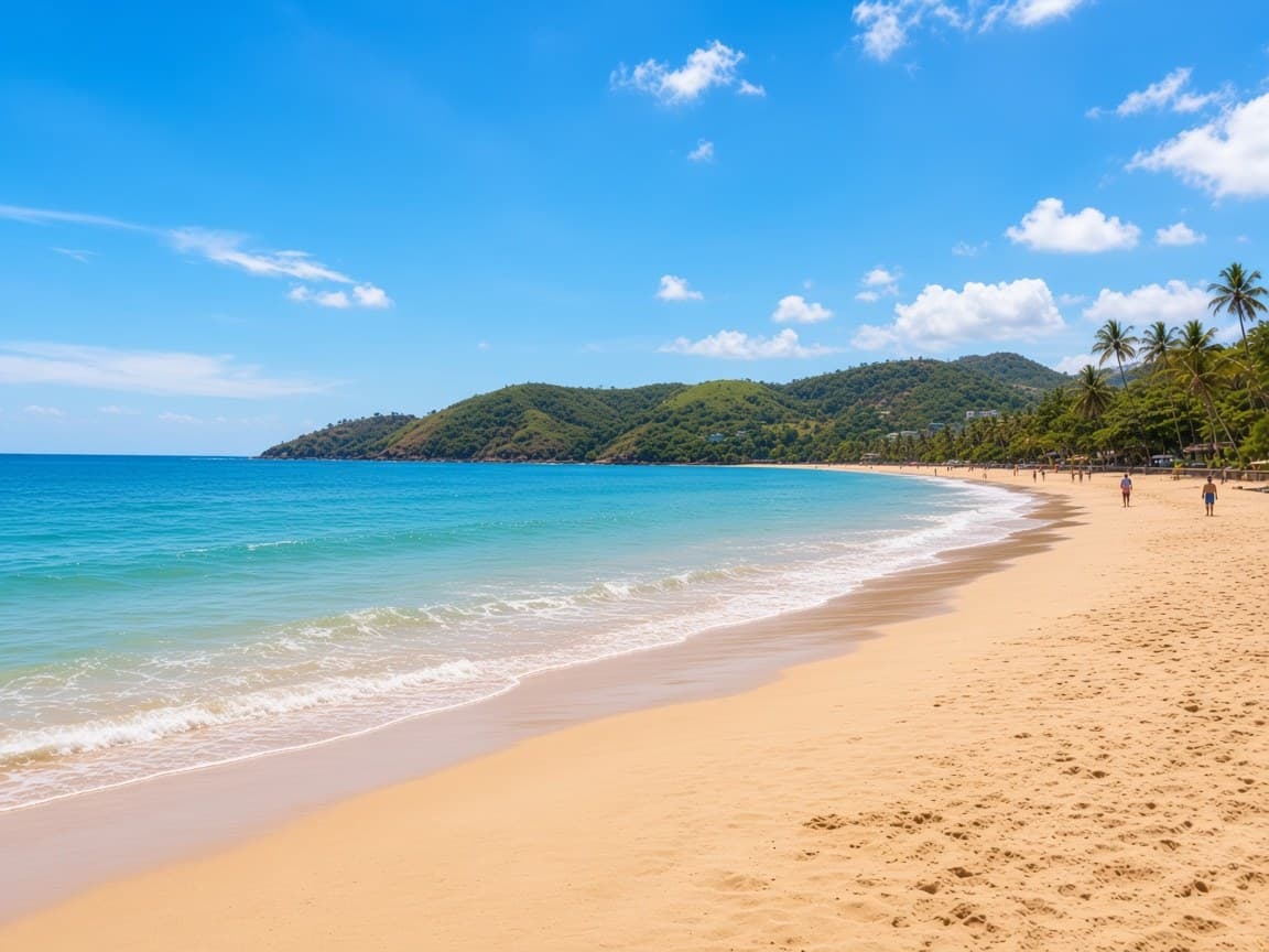 Clear turquoise water and pale sand at Rushikonda in the early morning light